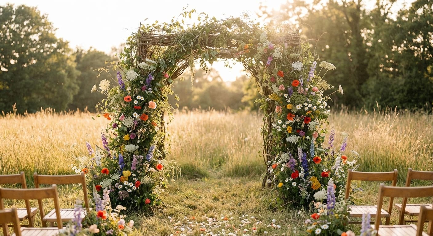 Wildflower ceremony arch in meadow at golden hour